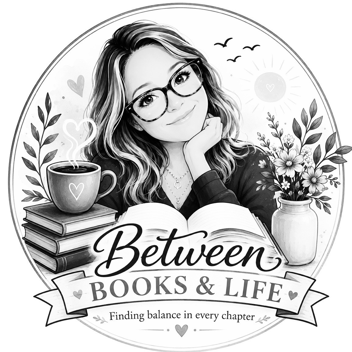 A logo featuring a woman with glasses, surrounded by books, flowers, and coffee, conveying a sense of balance and harmony.