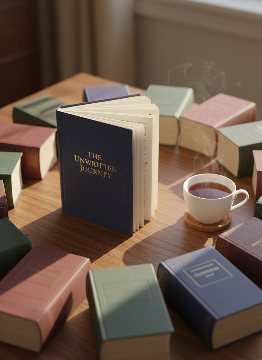 A hardcover book with a deep indigo linen cover and gold-foil title lies open at the center of a walnut desk, its cream pages fanned slightly as if caught mid-thought. Around it, a neat ring of other closed books in muted jewel tones forms a quiet halo, spines aligned. A porcelain cup of dark tea rests on a cork coaster, faint steam curling upward. Soft morning light filters through an unseen window, grazing the page edges and casting long, gentle shadows. Photographic realism, shot from a slightly elevated angle with a shallow depth of field, keeps the open book in crisp focus while the surroundings melt into a sophisticated, contemplative blur.