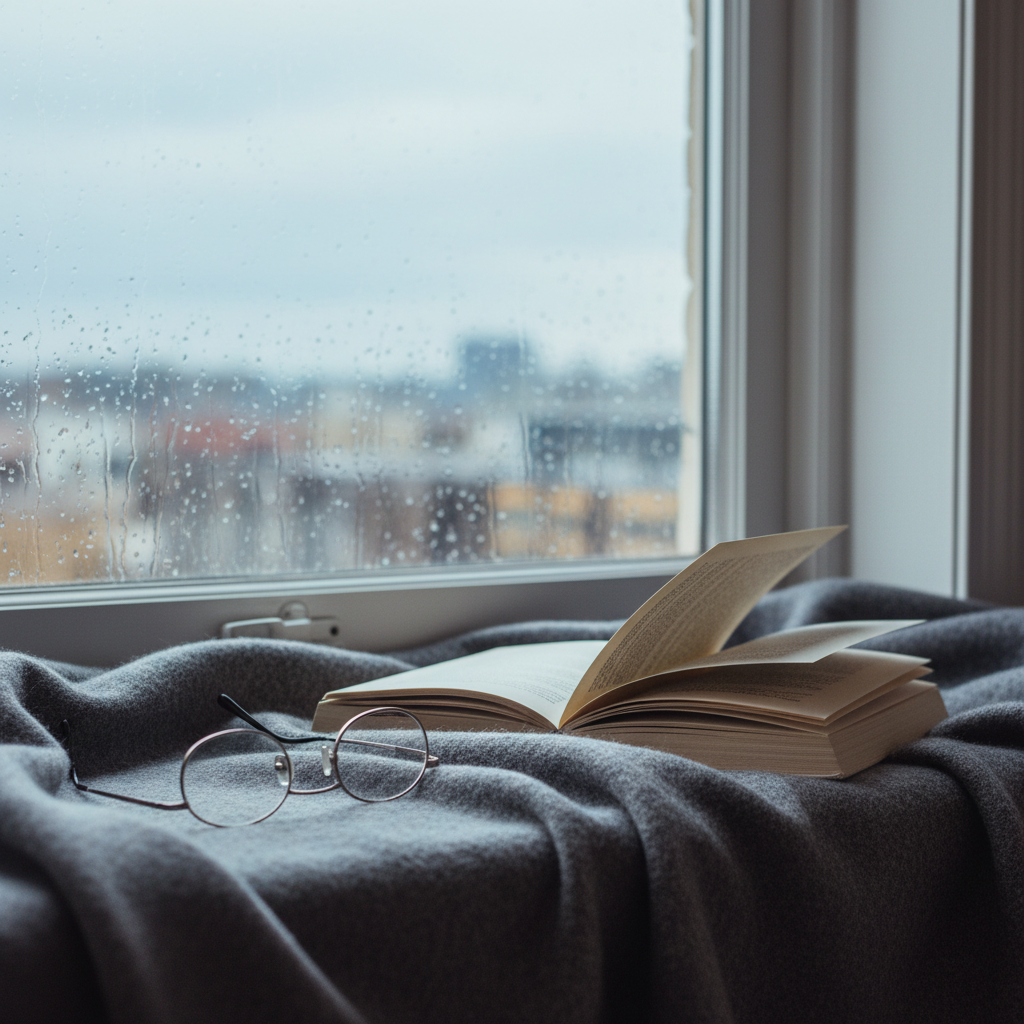 An open book rests on a soft, charcoal-gray wool throw draped across a window seat, its pages gently curved as though recently read. A pair of delicate metal-framed reading glasses lies beside it, lenses reflecting the pale blue of an overcast sky outside. The window frame, painted in matte white, creates clean lines that contrast with the organic folds of fabric. Raindrops bead on the glass, blurring the distant cityscape into abstract shapes. Diffused natural light washes the scene, producing soft, shadowless illumination. Photographic realism, captured from a close, slightly oblique angle with a shallow depth of field, creates an intimate, contemplative atmosphere that suggests quiet moments between books and the unfolding of everyday life.