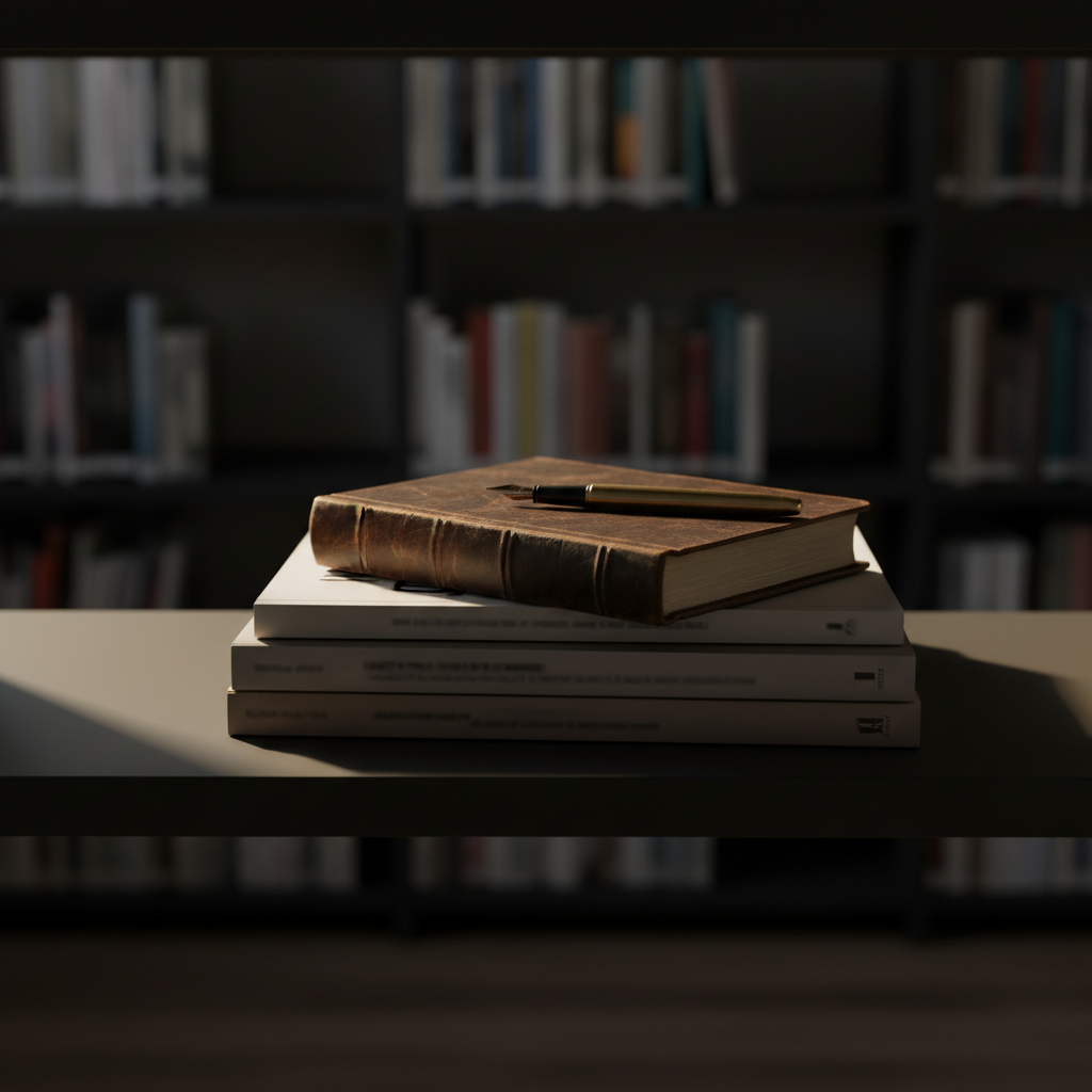 A single, well-worn leather-bound journal with subtle creases along its spine rests atop a stack of contemporary novels in soft grays and taupes, arranged on a minimalist matte-black metal shelf. A brass fountain pen lies diagonally across the journal, its nib catching a shard of late-afternoon light. Behind, an out-of-focus backdrop of more shelves fades into shadow, suggesting an expansive private library. The scene is lit by warm, directional side light from an off-frame lamp, creating rich highlights on the leather texture and pen, with deep, velvety shadows. Photographic realism, composed using the rule of thirds at eye level, evoking a sophisticated, introspective mood about the intersection of books, memory, and life’s ongoing narratives.